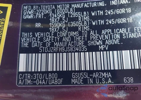 2018 Toyota Highlander Xle from USA, damaged, VIN 5TDJZRFH9JS834035